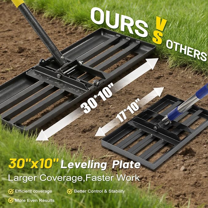 Lawn Leveling Rake,Foldable 30x10 Inch Ground Plate,72 Inch Adjustable Long Handle Yard Level Tool with Curved Edge,Heavy Duty Landscaping Lawn Leveler for Grass, Golf Field, Soil Sand Dirt Spreader