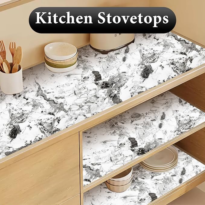 Drawer and Shelf Liner for Kitchen Cabinet: 17 in X 20 Ft Non Slip Waterproof Shelf Paper Non Adhesive Refrigerator Liners Grey and White Marble Easy Liners for Bathroom with Knife Tape Measure