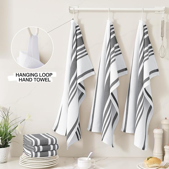 Homaxy Premium Kitchen Towels 18”x 28”, Large Cotton 380 GSM Kitchen Hand Towels, Stripe and Terry Dish Towel, Highly Absorbent Tea Towel Set with Hanging Loop, 3 Pack, Black