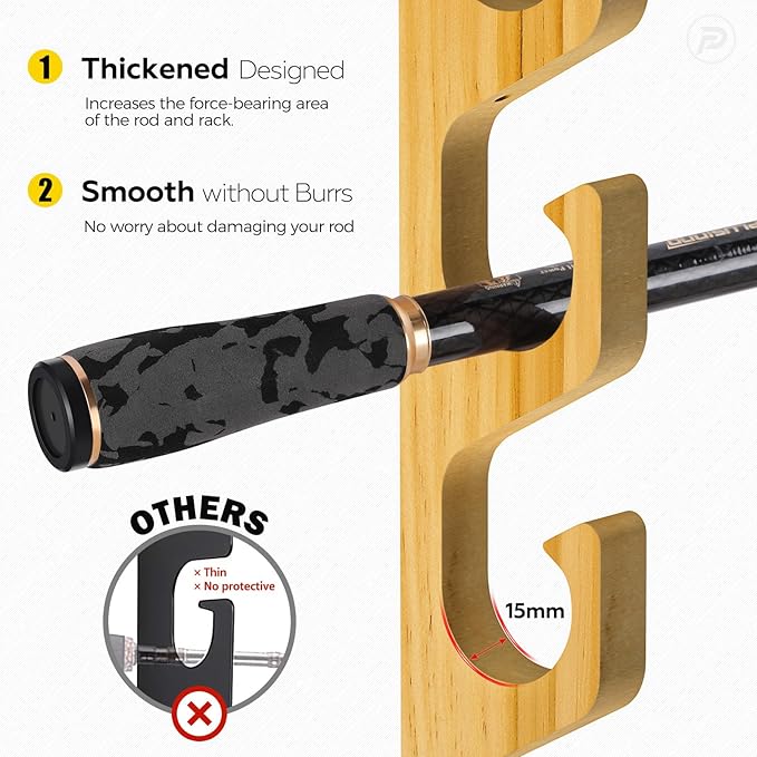 PLUSINNO H5W Horizontal Fishing Rod/Pole Holders for Garage, Wall or Ceiling Mounted Rack, Solid Wood Fishing Rod Holder Holds up to 5/10/20 Rods or Combos Fishing Gear, Gifts for Men