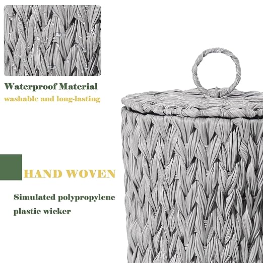 Plastic Wicker Trash Can with Lid - 2.6 Gallon Small Garbage Can with Removable Liner Bucket for Bedroom, Bathroom, Living Room - Boho Hand Woven Waste Basket for Home, Office, Grey