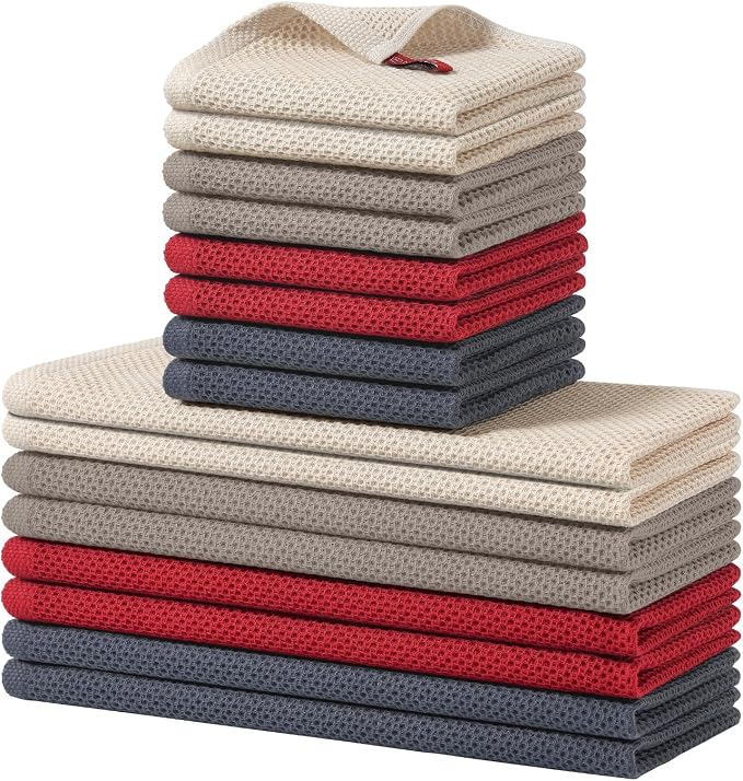 Homaxy 100% Cotton Kitchen Towels and Dishcloths Set, 12 x 12 Inches and 13 x 28 Inches, Set of 16 Bulk Kitchen Towels Set, Ultra Soft Absorbent Dish Cloths for Washing Dishes, Mixed Color