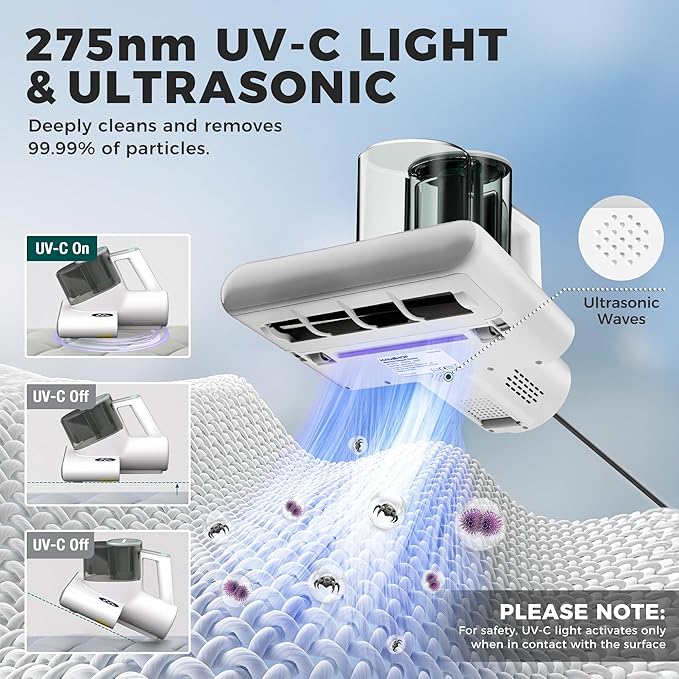 HAUSHOF Mattress Vacuum Cleaner, 16 Kpa Bed Vacuum Cleaner with 275nm UV-C Light, 140°F Heat, Ultrasonic, HEPA Filter, Dual Dust Cups, Versatile Handheld Vacuums for Bed, Sofa, Couch, Crib