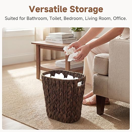 StorageWorks 4.5 Gallon Slim Bathroom Trash Can with Built-in Handles, Decorative Wicker Waste Basket for Bathroom and Bedroom, Office Garbage Cans for Bedroom, Narrow Trash Bin for Decor, Brown