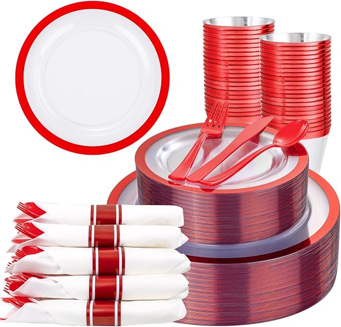 Liacere 350PCS Clear and Red Plastic Plates and Napkins for 50Guests Plastic Dinnerware Set-100 Red Disposable Plates 50 Pre Rolled Silverware Set,50 Cups for Party & Wedding & 4th of July