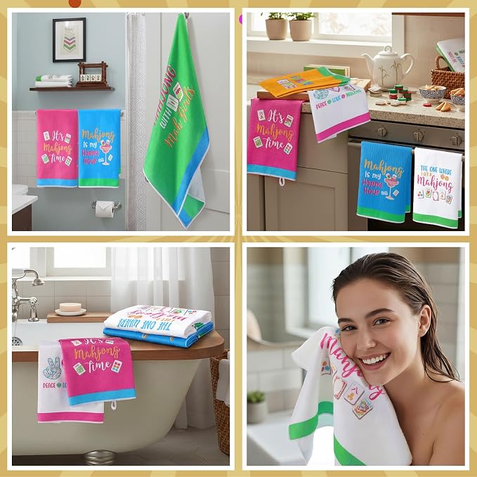Hahafelt 6 Pcs Mahjong Gifts Dish Towels - Mahjong Decorative Kitchen Towels, Hostess Gifts Tea Towel for Kitchen Decor Cocktail Mah-Jong Lovers Bathroom Home, 16 x 24 Inches
