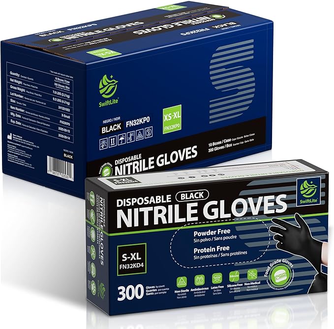 SWIFTLITE Disposable Nitrile Gloves Black, Food Safe Rubber Gloves Latex-Free Powder-Free for Cooking Food Prep Kitchen Clean