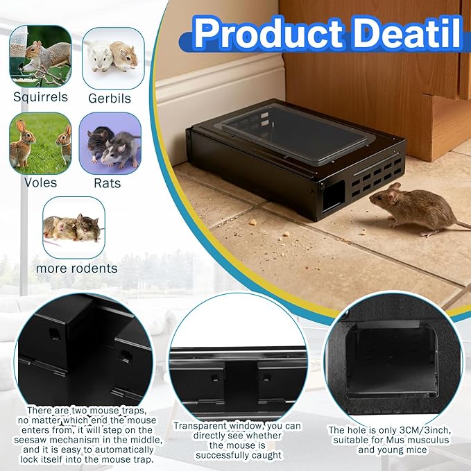 4 Packs Mouse Traps Multi Catch Rat Clear Top Mice Trap Rodent Humanized Black Rat Trap for Indoor Outdoor Control Pet and Security