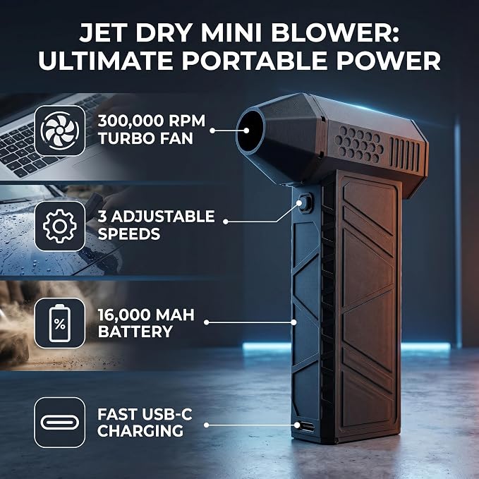Dry Blower, 3 Gear Adjustable Electric Air Duster, 130000RPM Dry Mini Blowers, 5600mAh Portable Air Blower Car Dryer Turbine Blower for Car, Cleaning, Camping