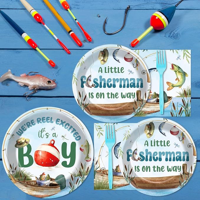 96Pcs A Little Fisherman Is On The Way Plates and Napkins Baby Shower Party Decorations Gone Fishing Dessert Disposable Plates It's A Boy Tableware Set for 24 Guests Baby Boy Birthday Party Supplies