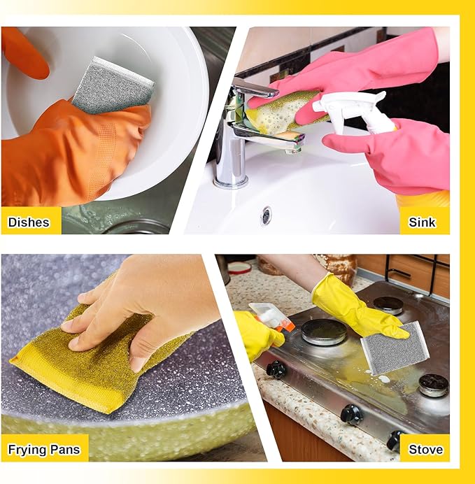 Thyle 12 Pack Steel Scrub Sponges for Dishes Non Scratch Scouring Multi Use Metal Scrubber Heavy Duty Dish Wash Kitchen Sponge for Pot Dish Washing Hard Surface Cleaning (Gray,Yellow)