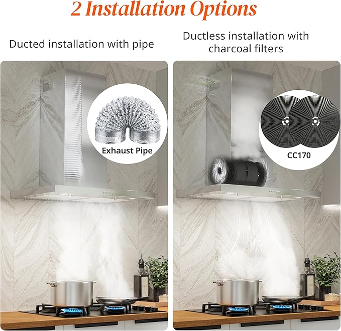 FIREGAS Wall Mount Range Hood 30 Inch, 600 CFM Ducted/Ductless Convertible Stainless Steel Kitchen Vent Hood with 3 Speed Fan, LED Lights and Push Button Control