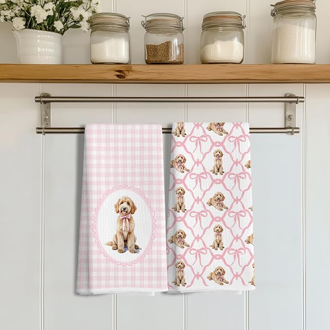 Coquette Pink Bow Goldendoodle Dog Kitchen Hand Towels for Bathroom, Golden Doodle Gifts for Women, Coquette Pink Goldendoodle Dog Girly Bathroom Kitchen Decor, 16x24 Inches Set of 2