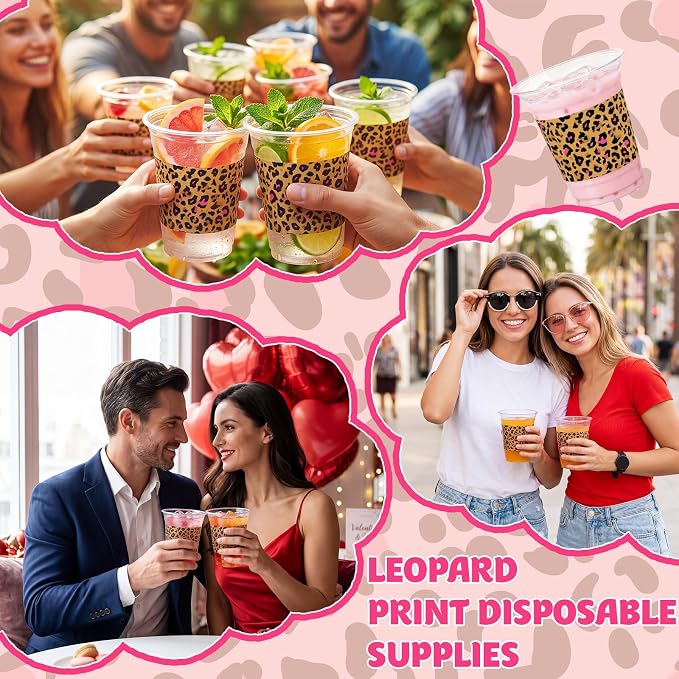 Qinyoung 50 Pcs Hot Pink Leopard Print Plastic Cups Cheetah Animal 12oz Disposable Cups Bulk Drinking Cup for Cold Drinks Baby Shower Wedding Birthday Animal Cheetah Print Party Supplies