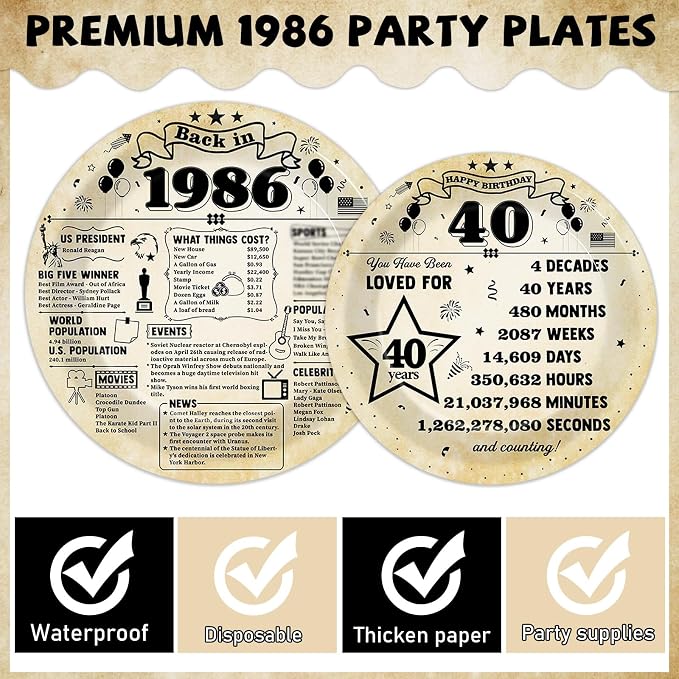CHUNNIN 96Pcs 40th Birthday Plates and Napkins Back in 1986 Party Decorations Vintage 40 Year Old Party Dessert Plates 1986 Birthday Tableware for 24 Guests 40th Theme Men Woman Bday Parties Supplies