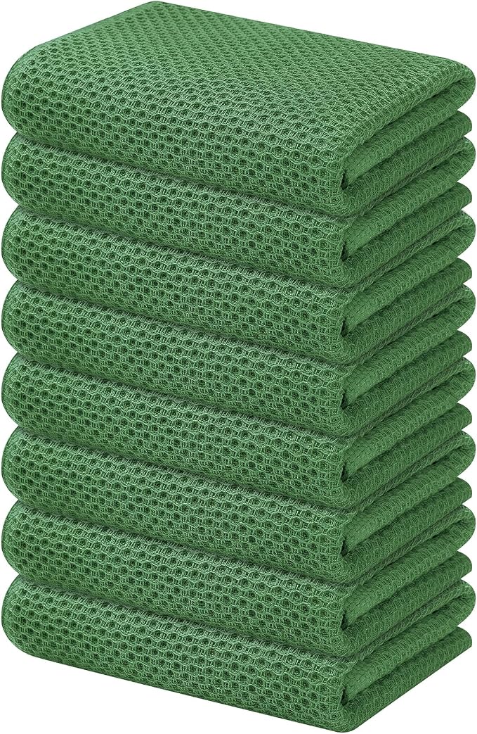 Kitinjoy 100% Cotton Waffle Weave Kitchen Hand Towels (13 X 28 Inches, Grass Green), 8-Pack Super Soft and Absorbent Dish Towel for Drying Dishes