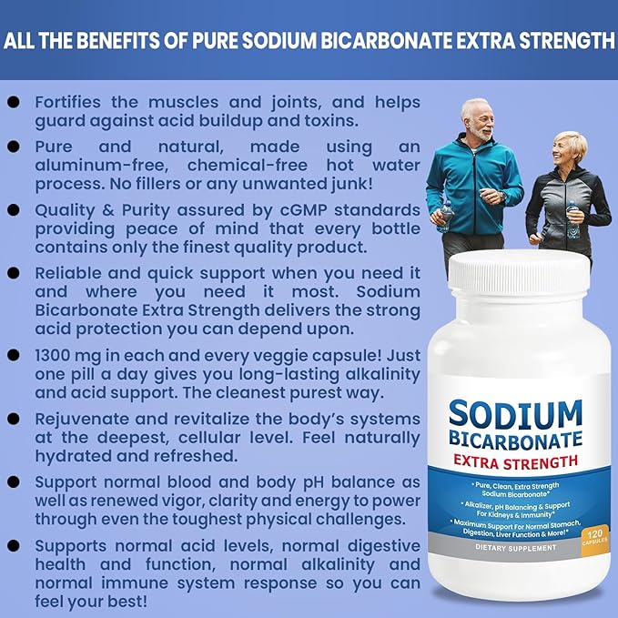 Sodium Bicarbonate Capsules Extra Strength 1300mg Organic Use No Junk. 1 Sodium Bicarbonate Capsule is 1300mg. Pure Sodium Bicarb Tablet 2-Pack