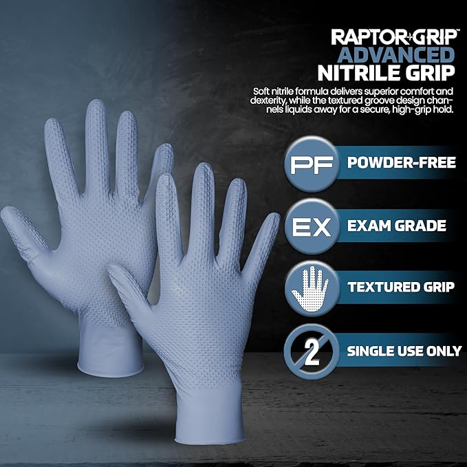 Raptor Grip™ Powder Free Exam Grade Nitrile Gloves