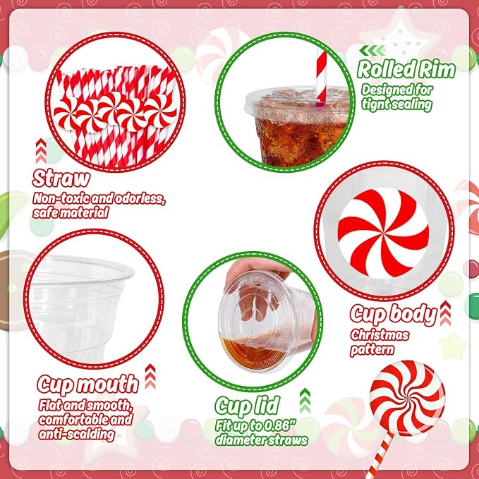 Whaline 50 Pcs 12 Oz Christmas Disposable Plastic Cups with Lids and Straws Red Peppermint Candy Cold Beverage Drinking Cups for Winter Xmas Birthday Party Supplies