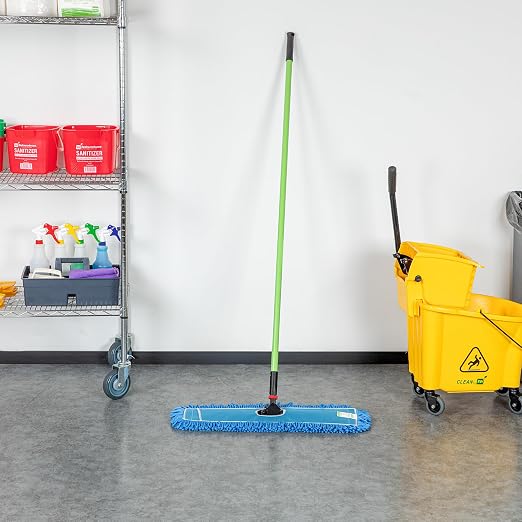 Restaurantware-Clean Tek Professional 24.02 x 5 Inch Dry Floor Mop, 1 Reusable Dust Mop - 64-Inch Handle, Secure Attachment, Blue Microfiber, Machine Washable, for Floor, Cleaning Home Or Office