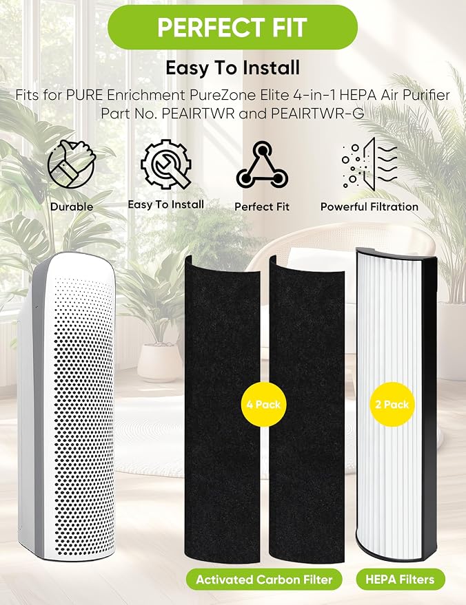 2-Pack 2-in-1 HEPA Replacement Filter for Pure Enrichment PureZone Elite 4-in-1 Air Purifier (PEAIRTWR), 2 Pleated HEPA Filters and 4 Activated Carbon Pre-Filters #Part No. PETWRFIL