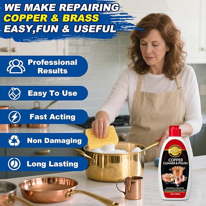 Meuvcol Copper & Brass Cleaner and Polish – 17.6 Oz Gentle Copper Polishing Cream for Pots, Pans, Sinks, Cups, Antiques – Restores Shine, Gentle Removes Tarnish & Stains – Non-Scratch, Easy to Use