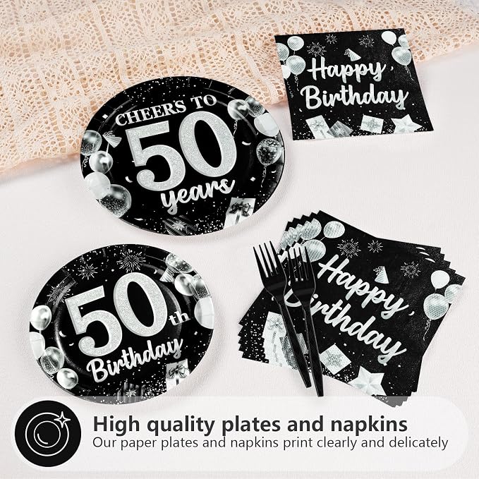 96Pcs 50th Black and Silver Birthday Party Supplies Cheers to 50 Years Party Plates and Napkins Disposable Happy 50th Birthday Tableware Set for Women Men 50 Years Old Decorations Serves 24