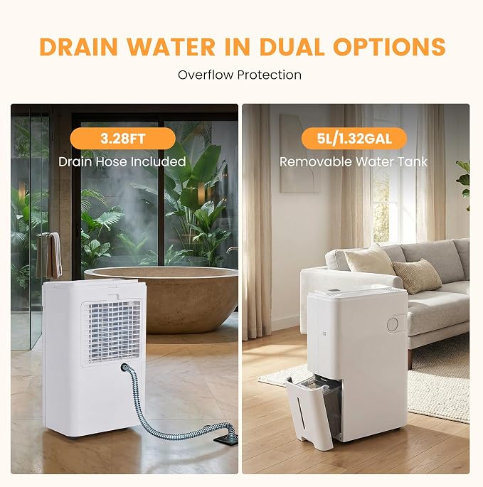 80Pints Dehumidifier with Drain Hose, 5,500 Sq.Ft Dehumidifier for Basement, 5L/1.32 Gallon Tank, Energy Star Cert. 42dB, Humidity Display Ring, Humidity Remover for Home, Bedroom & Bathroom
