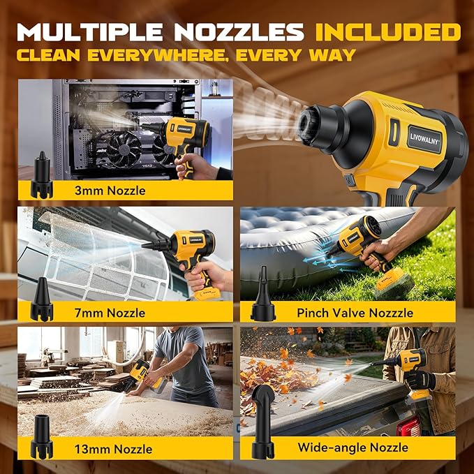 LIVOWALNY Upgraded Air Blower Compatible with Dewalt 20V Battery, 4-in-1 Compressed Air Duster, 480MPH, 120,000 RPM Brushless Motor, 4-Speed Leaf Blower for Car, Pc, Workshop (Tool Only,No Battery)