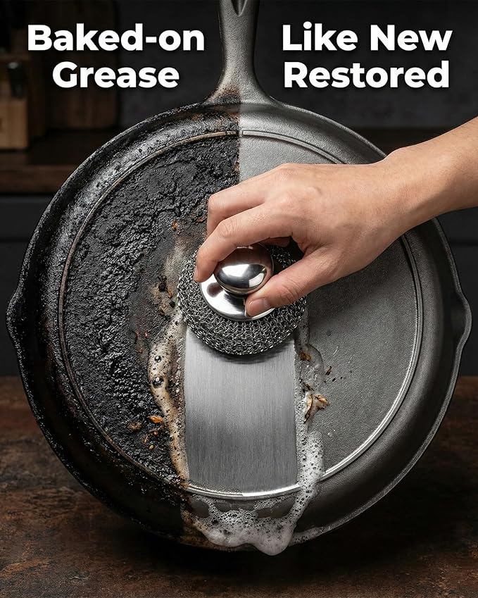 8 Pcs Stainless Steel Wool Scrubber with 2Pcs Handle - Heavy Duty Metal Sponge Scouring Pad for Cast Iron Skillet, Grill & Pots - Rust-Resistant Kitchen Dish Scrubber, Protects Hands & Nails