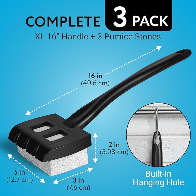 Impresa Pumice Stone Grill Brush - 5 x 2 in Head, 16 in Handle, Pack of 3 Replacement Bricks - Grease Removal BBQ Cleaning Stone - Ergonomic Long Handle Griddle Cleaning Kit - Versatile Grill Scraper