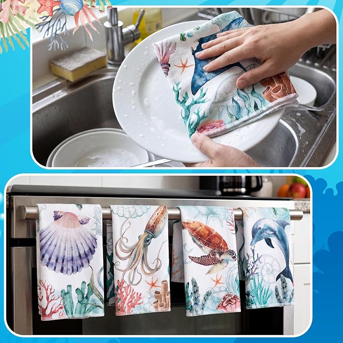 Tinlade 36 Pack Reusable Cleaning Cloths Washable Cotton Kitchen Towels Bulk 11.81 x 9.84 Inches Absorbent Dish Towels Roll for Home Kitchen Cleaning Supplies 12 Styles(Ocean Animal)