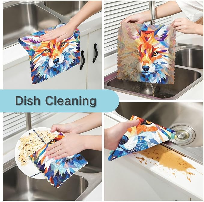 Fox Geometric Kitchen Towels Dish Cloths Set of 6 Microfiber Cleaning Cloths for Cars Super Absorbent Machine