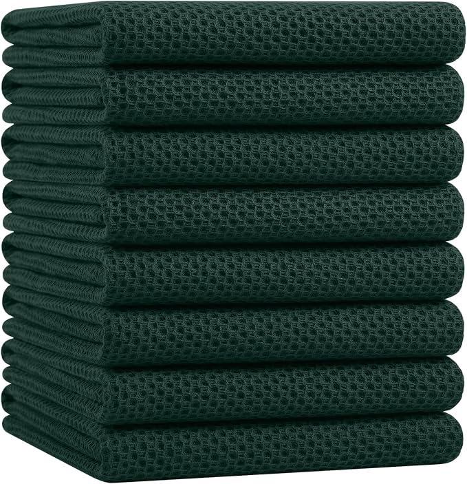 Homaxy 100% Cotton Oversized Waffle Weave Kitchen Dish Towels, Ultra Soft Absorbent Quick Drying Cleaning Towel, 20x28 Inches, 8-Pack, Blackish Green