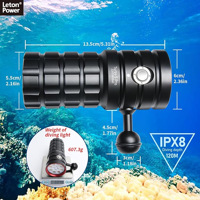 Diving Flashlight,LetonPower TS Pro 25000Lumens Underwater 100m Video Light, Scuba Dive Light, with Type-C Charging for Professional Outdoor Under Water Sports