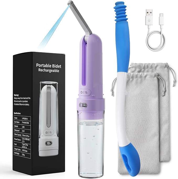 Electric Portable Bidet Toilet Aids Wiper Tool Set, Purple | 2-in-1 travel hygiene kit 15.7" extended length wiping tools 1600mAh Long-lasting Battery USB-C Rechargable IPX7 Waterproof