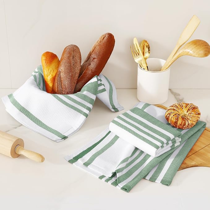 Homaxy Premium Kitchen Towels 18”x 28”, Large Cotton 380 GSM Kitchen Hand Towels, Stripe and Terry Dish Towel, Highly Absorbent Tea Towel Set with Hanging Loop, 3 Pack, Grass Green