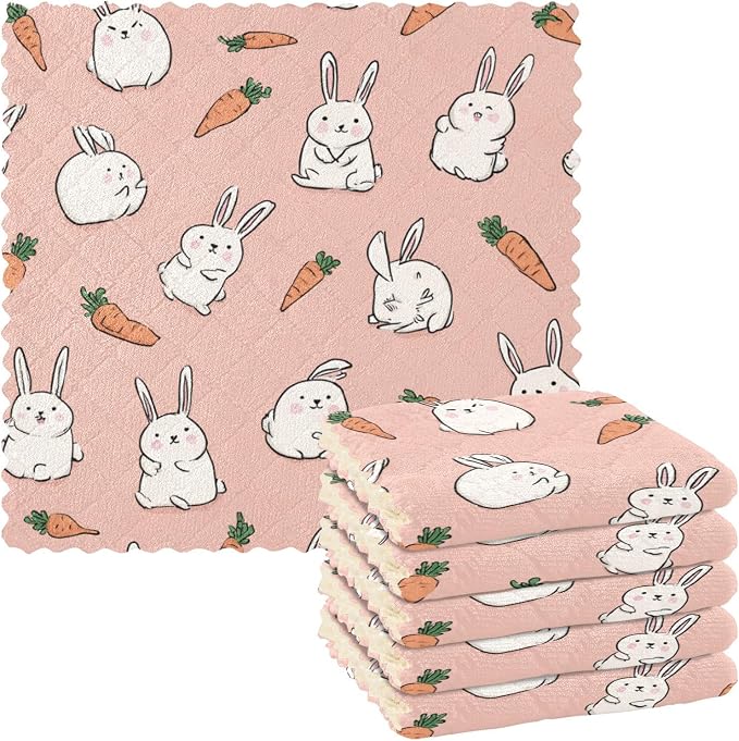 Pink Rabbit and Carrots Kitchen Towels Dish Cloths Set of 6 Microfiber Cleaning Cloths for Cars Super Absorbent Machine