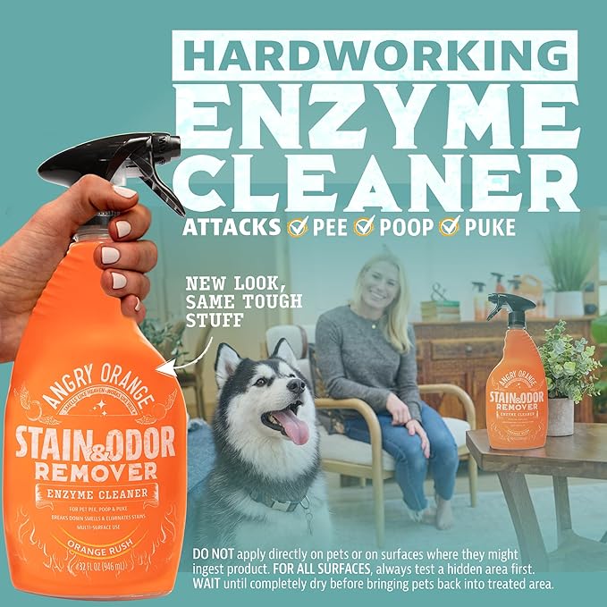 ANGRY ORANGE Pet Odor & Stain Remover - Orange Rush Scent - 24oz Odor Eliminator + 32oz Enzyme Cleaner for Dog & Cat Urine, Carpet Stains & Strong Smells