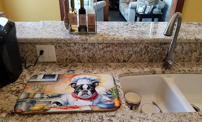 Caroline's Treasures DAC6215DDM Boston Terrier The Chef Dish Drying Mat Absorbent Dish Drying Mat Pad for Kitchen Counter Dish Drainer Mat for Countertop, 14 x 21", Multicolor