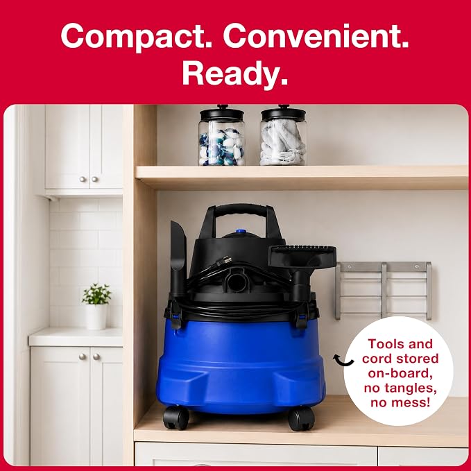 Koblenz WD-6 L212 Wet Dry Vacuum Cleaner, 6 Gallon, 4.5 PHP, 3-in-1 Suction & Blower, 16 ft Reach, Big Cleaner for Car, Shop Vacuum Wet and Dry, Swivel Casters, Black/Blue