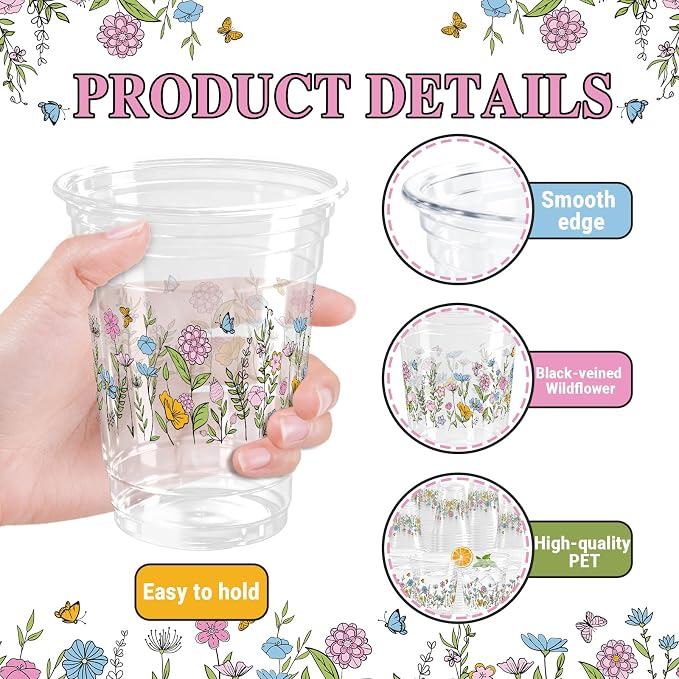 100 Pcs Wildflower Clear Cups 12 oz Plastic Flowers Disposable Drinking Cups Bulk for Spring Groovy Party Floral Baby Shower Birthday Supplies