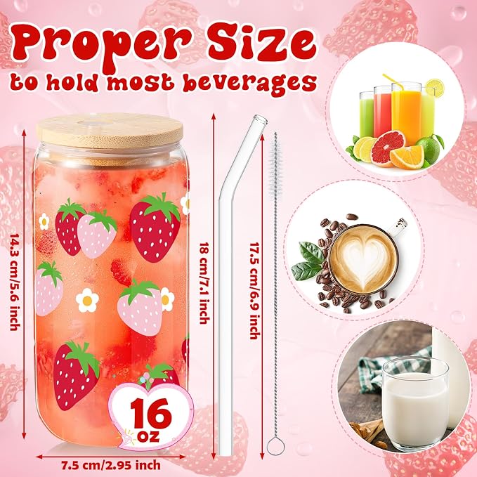 Sliner 2 Pcs Strawberry Glass Cups Summer Drinking Glasses 16 oz Iced Coffee Tumbler with Lid and Straw Summer Gifts Cups Home Office Decorations