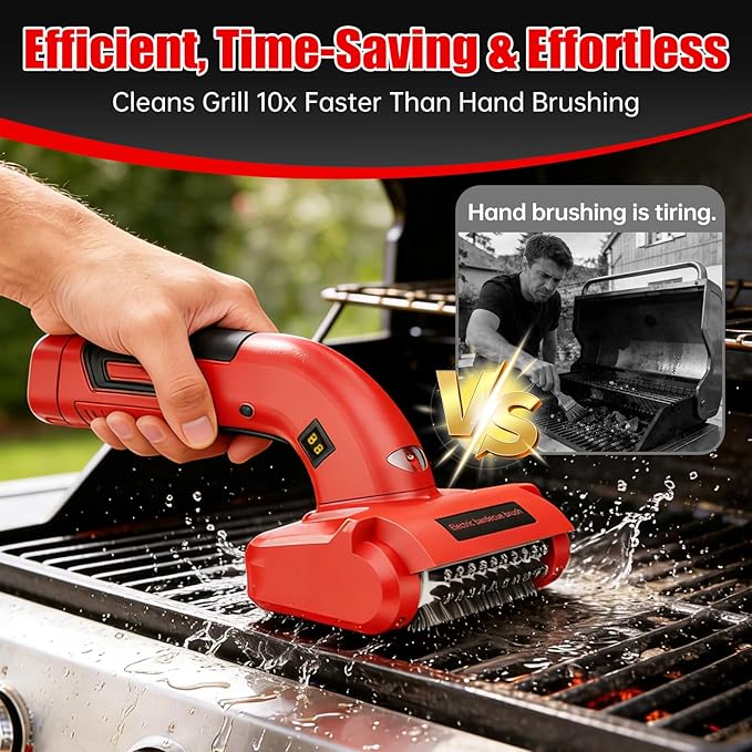 Electric Grill Brush, Electric BBQ Grill Cleaner Cordless Rechargeable 700 RPM Grill Cleaning Brush for Outdoor Barbecue Grill with LED Light, Stainless Steel Brush, Cleaning Stone, Safety Lock
