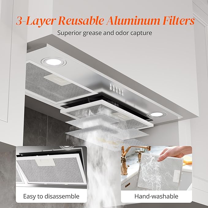FIREGAS Range Hood 28 Inch, Built-in Stainless Steel Kitchen Vent Hood with 450 CFM, 3 Speed Exhaust Fan, 2 LED Lights & Button Control, Ducted/Ductless Convertible