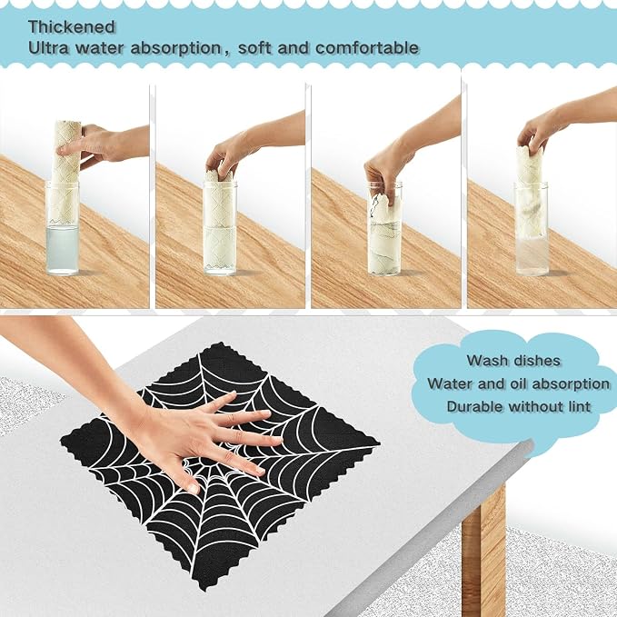 CaTaKu Halloween Cobweb Black Kitchen Cloths, Reusable Rags for Washing, Microfiber Cleaning Cloths Dish Towels Washcloths for Kitchen Drying, 6 Pack