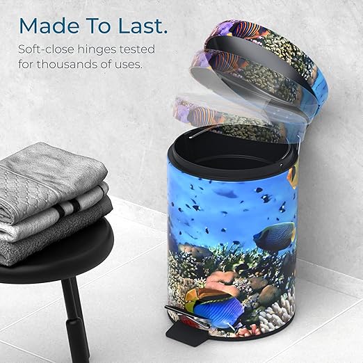 Sanilo Small Bathroom Trash Can with Lid [1.3 Gallon] - Lidded Tiny Trashcan for Garbage - Mini Metal Bin with Soft Closing Mechanism - Bath Room Accessoire Wastebin with Inner Bucket (Ocean)