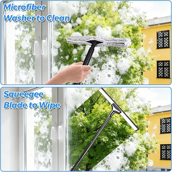 Tiiyee Window Squeegee for Home, 2 in 1 Window Washing kit with 57" Extension Pole Telescopic Shower Door Cleaner Tool Car Windshield Cleaning Long Handle for Glass Doors Floor Tile Wall 14 inch Wide