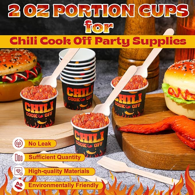 Teenyyou 400 Pcs Chili Cook off Party Decorations, 200 Pcs 2 oz Mini Chili Cookoff Paper Cups and 200 Wooden Spoons Pepper Cook off Parties Decorations for Competition Prize Party Cooking Supplies