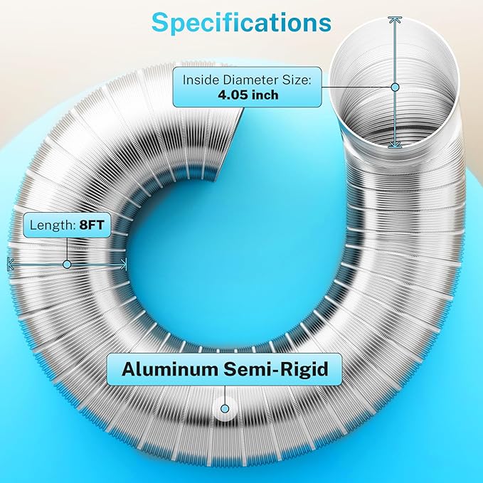 HOOMESUN 4 Inch 8FT Semi Rigid Dryer Vent, Flexible Aluminum Dryer Vent Hose with Clamps, 3.9 Mil Aluminum Foil Tape for HVAC Ventilation, Duct Fan Systems